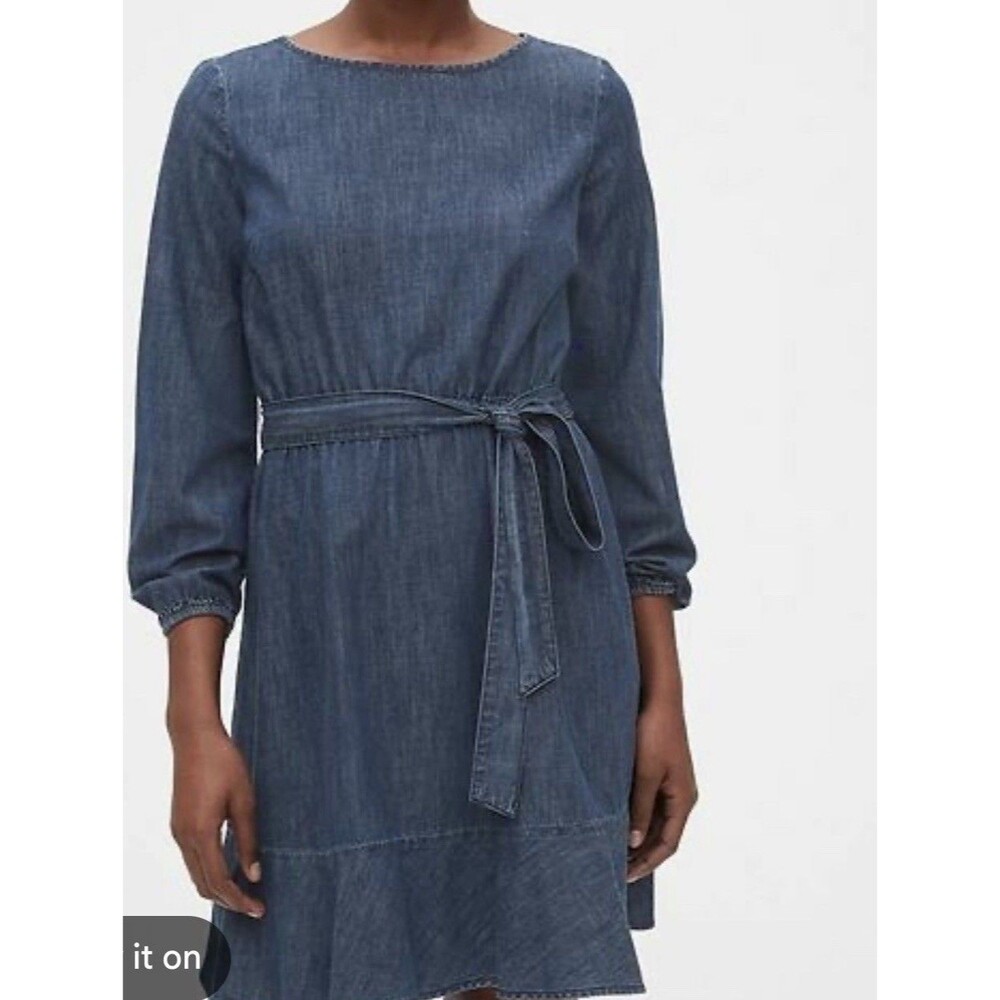 GAP Women Indigo Blue Belted Cotton Denim Long Sleeve Flounce Mini Dress 10